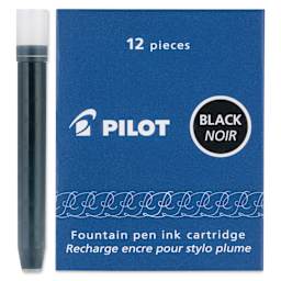 Pilot Fountain Pen Ink Cartridge - Black, Pkg of 12, one cartridge next to the packaging