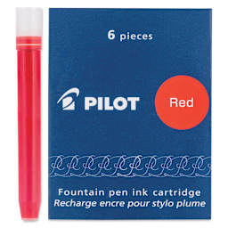 Pilot Fountain Pen Ink Cartridge - Red, Pkg of 6, one cartridge next to the packaging