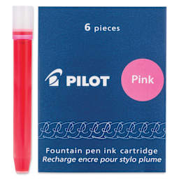 Pilot Fountain Pen Ink Cartridge - Pink, Pkg of 6, one cartridge next to packaging