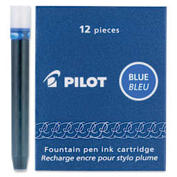 Pilot Fountain Pen Ink Cartridge - Blue, Pkg of 12, one cartridge next to the packaging