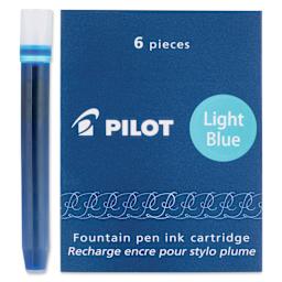 Pilot Fountain Pen Ink Cartridge - Light Blue, Pkg of 6, one cartridge next to the packaging