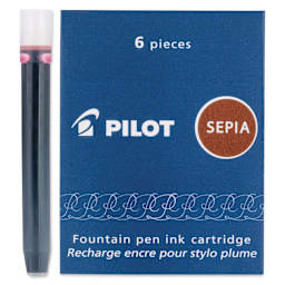 Pilot Fountain Pen Ink Cartridge - Sepia, Pkg of 6, one cartridge next to the packaging