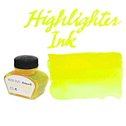 Pelikan M205 Duo Highlighter Fountain Pen Ink - Yellow, 30 ml, swatch and bottle