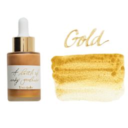 Tom's Studio Calligraphy Ink - Gold, 30 ml bottle with swatch