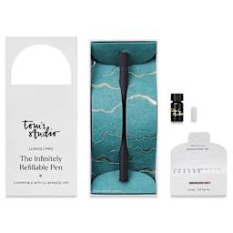 Tom's Studio Lumos Pro Refillable Single Tip Pen - Matte Black, pen in packaging and contents laid out