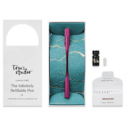 Tom's Studio Lumos Pro Refillable Single Tip Pen - Raspberry, pen in packaging and contents laid out