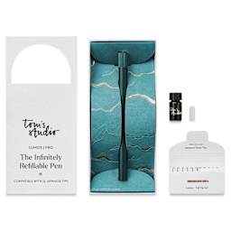 Tom's Studio Lumos Pro Refillable Single Tip Pen - Ivy, pen in packaging and contents laid out