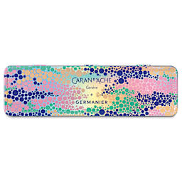 Caran d'Ache 849 Germanier Ballpoint Pen - Limited Edition, Neon Pink, metallic tin case closed