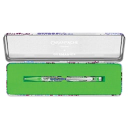 Caran d'Ache 849 Germanier Ballpoint Pen - Limited Edition, Neon Green, inside of the metal tin case