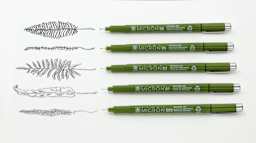Sakura Pigma Micron Eco Pens with foliage sketch swatches on paper.