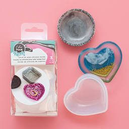 American Crafts Color Pour Catch-All Dish Silicone Molds - Set of 3 (package, heart mold, and finished examples)