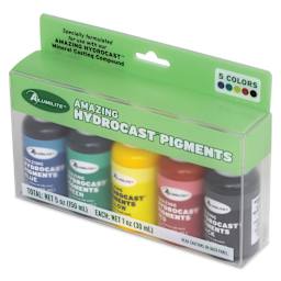 Alumilite Amazing Hydrocast Pigments Dye - Set of 5, Assorted Colors - front of packaging, angled view
