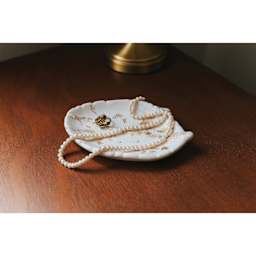 Jesmonite Silicone Feather Dish Mold finished project holding jewelry