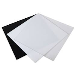 Oceanside Glass Fusible Glass Sheets - Black, White, and Clear, 6" x 6", Pkg of 3 (spread out to show color and opacity)