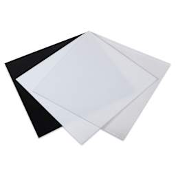 Oceanside Glass Fusible Glass Sheets - Black, White, and Clear, 12" x 12", Pkg of 3 (spread out to show color and opacity)
