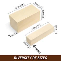 BeaverCraft Basswood Carving Block Set - Pkg of 5, Assorted Sizes showing measurements