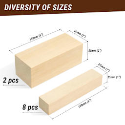 BeaverCraft Basswood Carving Block Set - Pkg of 10, Assorted Sizes showing measurements