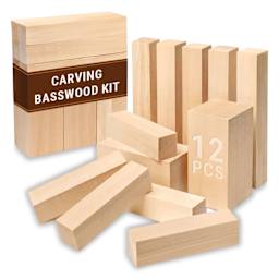 BeaverCraft Basswood Carving Block Set - Pkg of 12, Assorted Sizes contents with front of packaging