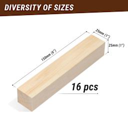 BeaverCraft Basswood Carving Block Set - Pkg of 16, 1" x 1" x 6" Blocks showing measurements