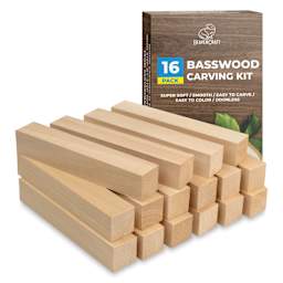 BeaverCraft Basswood Carving Block Set - Pkg of 16, 1" x 1" x 6" Blocks contents with packaging