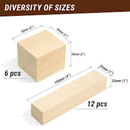 BeaverCraft Basswood Carving Block Set - Pkg of 18, Assorted Sizes showing measurements