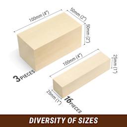 BeaverCraft Basswood Carving Block Set - Pkg of 19, Assorted Sizes showing measurements