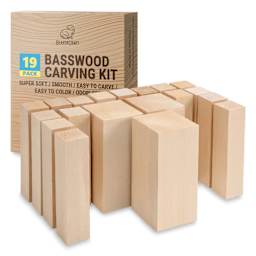 BeaverCraft Basswood Carving Block Set - Pkg of 19, Assorted Sizes contents with packaging