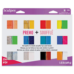 Sculpey Premo and Souffle Multipack - Metallic and Glitter Faux Suede, Set of 24 front of packaging