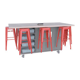CEF Ed8 Work Table with Stools, 42"H table with red stools and Northsea Grey finish.