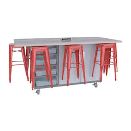 CEF Ed8 Work Table with Stools, 36"H table with red stools and Folkstone Hex finish.