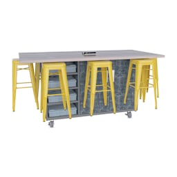 CEF Ed8 Work Table with Stools, 42"H table with yellow stools and Paint Scrape Steel finish.