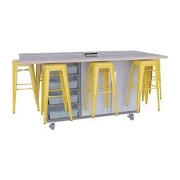 CEF Ed8 Work Table with Stools, 36"H table with yellow stools and Northsea Grey finish.