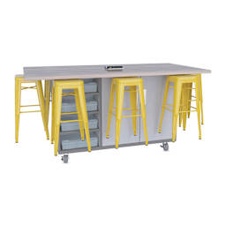 CEF Ed8 Work Table with Stools, 42"H table with yellow stools and Folkstone Hex finish.