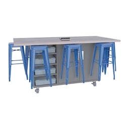 CEF Ed8 Work Table with Stools, 36"H table with royal blue stools and Northsea Grey finish.