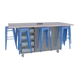 CEF Ed8 Work Table with Stools, 42"H table with royal blue stools and Northsea Grey finish.