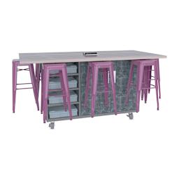 CEF Ed8 Work Table with Stools, 36"H table with purple stools and Paint Scrape Steel finish.