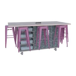 CEF Ed8 Work Table with Stools, 42"H table with purple stools and Paint Scrape Steel finish.