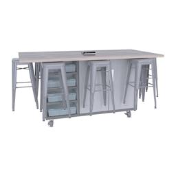 CEF Ed8 Work Table with Stools, 36"H table with silver stools and Folkstone Hex finish.