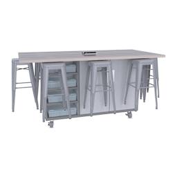 CEF Ed8 Work Table with Stools, 42"H table with silver stools and Folkstone Hex finish.