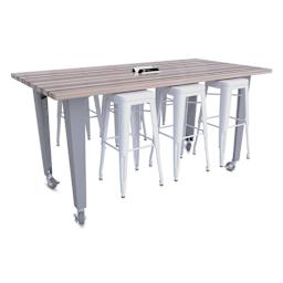 CEF Idea Island Work Table, 42" high with 6 white stools.