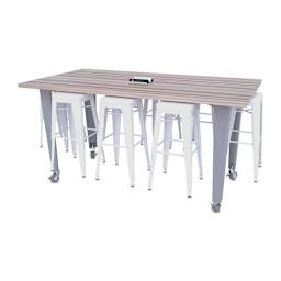 CEF Idea Island Work Table, 42" high with 8 white stools.