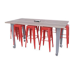 CEF Idea Island Work Table, 42" high with 8 red stools.
