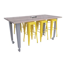 CEF Idea Island Work Table, 34" high with 6 yellow stools. 