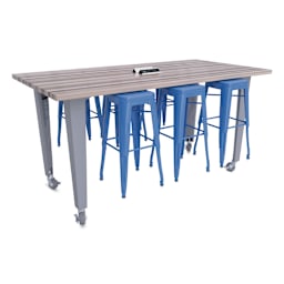 CEF Idea Island Work Table, 42" high with 6 royal blue stools.