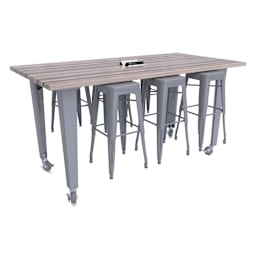 CEF Idea Island Work Table, 42" high with 6 silver stools.