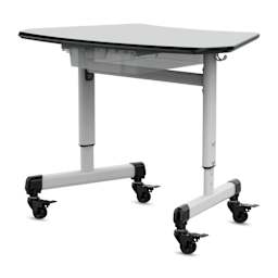 Luxor Height-Adjustable Trapezoid Student Desk with Drawer, sideview displaying hook for hanging.