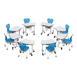 Luxor Height-Adjustable Trapezoid Student Desk with Drawer, demonstration of desk placement. 