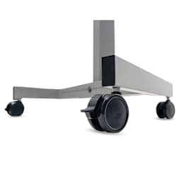 Luxor Student C Sit Stand Desk with Crank Handle, close up of the wheels and with brakes. 
