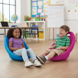 Kore Design Scoop Rockers - Junior, Blue and Magenta with children seated in rocker