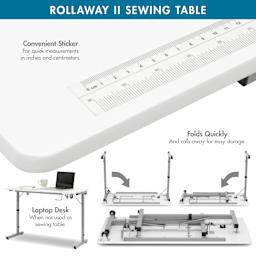 Studio Designs Rollaway II Sewing Table - close-up of table top, and how to fold down
